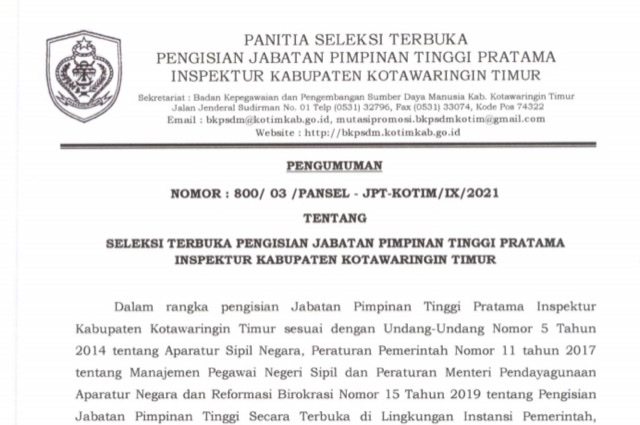 Seleksi JPT Untuk Jabatan Inspektur Di Kotim Dibuka