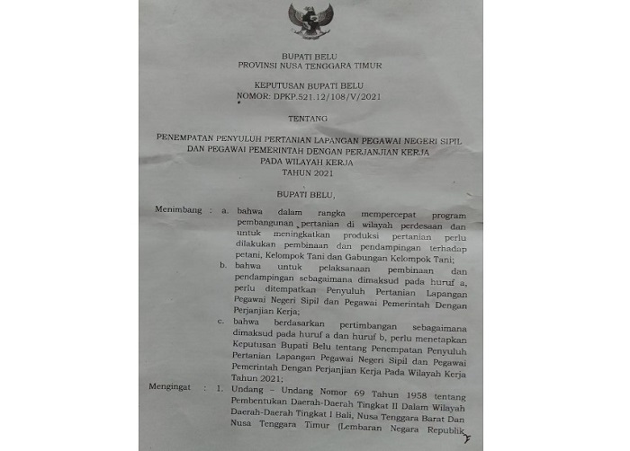 Wah! SK Bupati Belu Diduga Diubah oleh Oknum di Dinas Pertanian