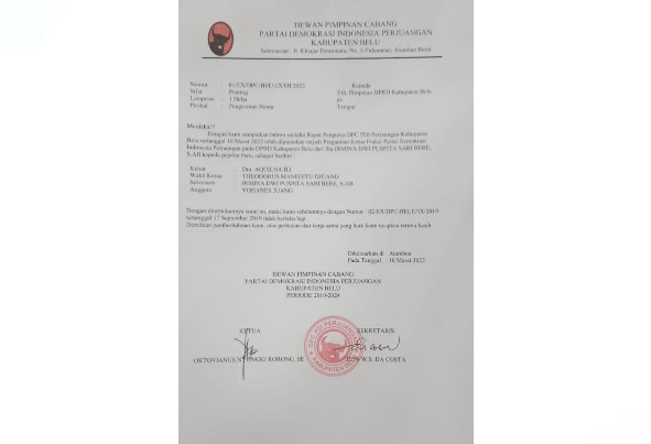 Ketua PDIP Belu Diduga Keluarkan Surat Palsu Tentang Pergantian Ketua Fraksi
