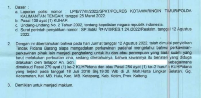 Dilaporkan Istri, Seorang Pelakor di Kotim Bakal Jadi Tersangka