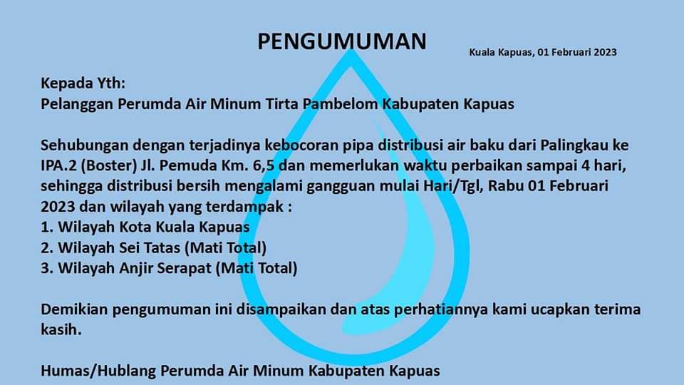 Distribusi Air Bersih di Kapuas Alami Gangguan usai Terjadi Kebocoran Pipa