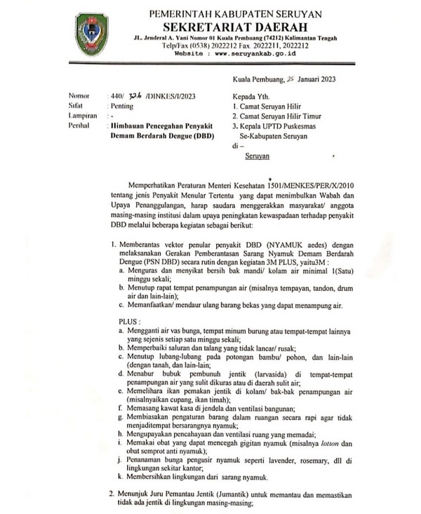 Waspada DBD, Dinkes Seruyan Keluarkan Surat Edaran ke Puskesmas dan Camat