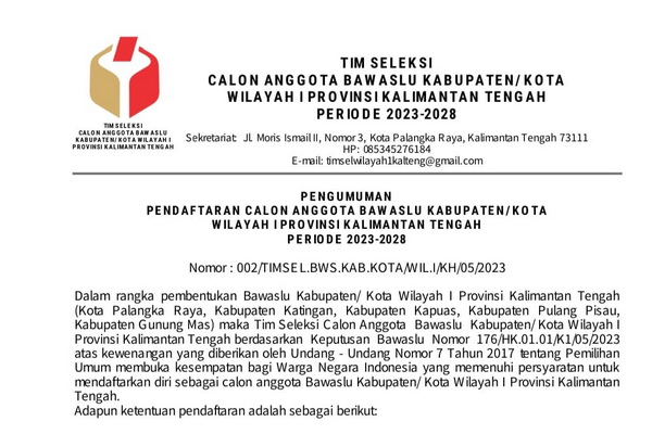 Bawaslu Kapuas Buka Pendaftaran Calon Anggota Periode 2023-2028