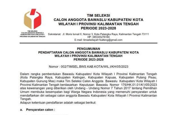 Bawaslu Katingan Buka Pendaftaran Calon Anggota Periode 2023-2028