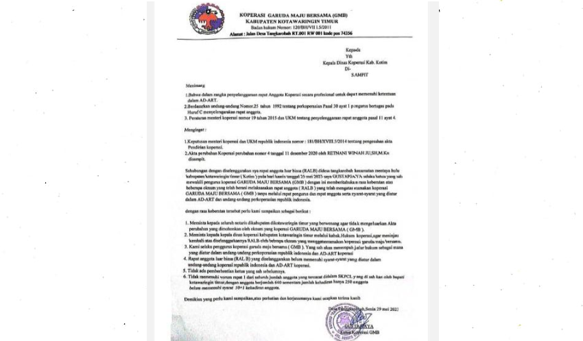 Diduga Tak Sesuai Prosedur, Penggantian Ketua Koperasi GMB di Tangka Robah Tuai Protes