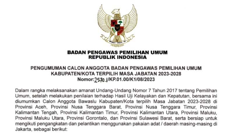 Selamat! 46 Nama Terpilih Menjadi Anggota Bawaslu dari Kabupaten/Kota se-Kalteng