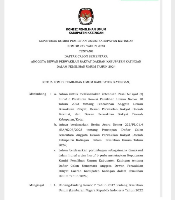 KPU Katingan Umukan Calon Anggota Legislatif, Jumlahnya 327 Orang