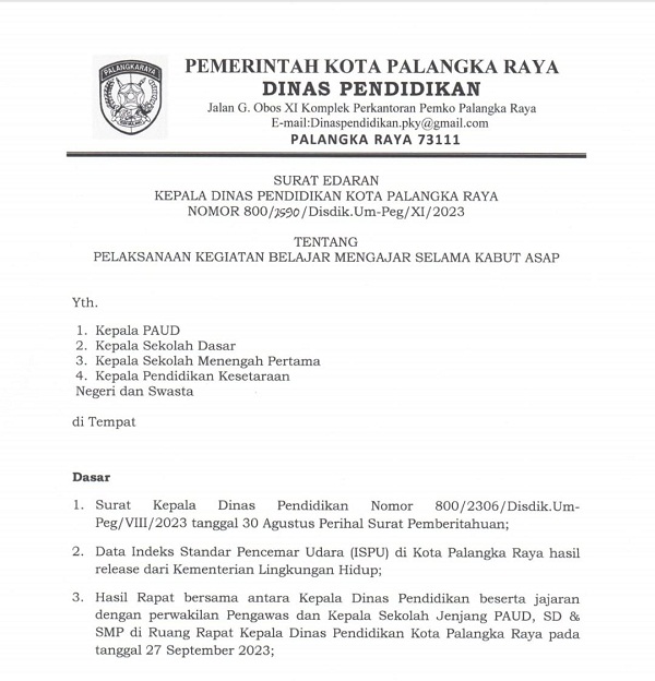 Disdik Palangka Raya Terbitkan Aturan Belajar Selama Kabut Asap