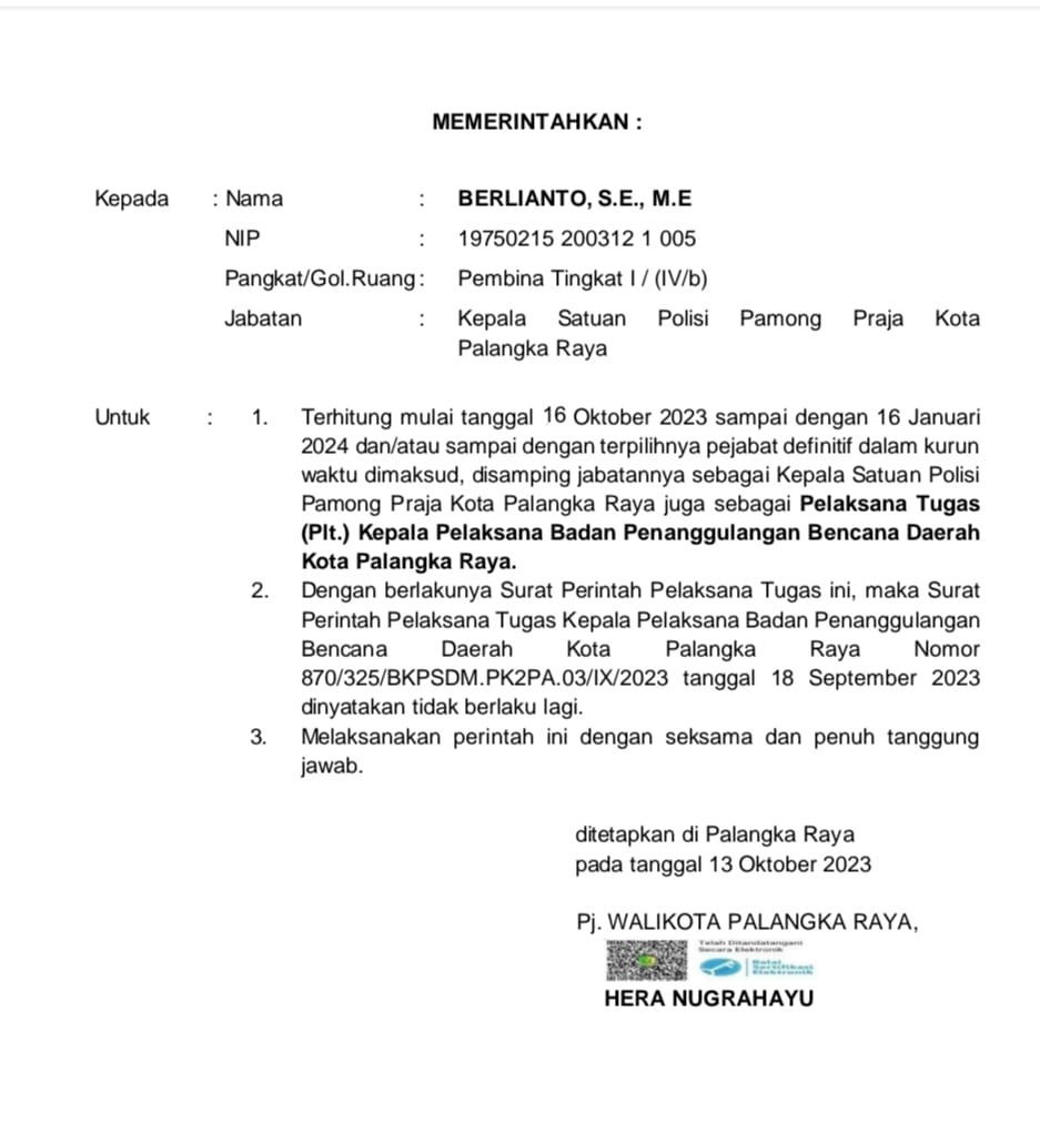 Berlianto Gantikan Alman Pakpahan Sebagai Plt BPBD Palangka Raya