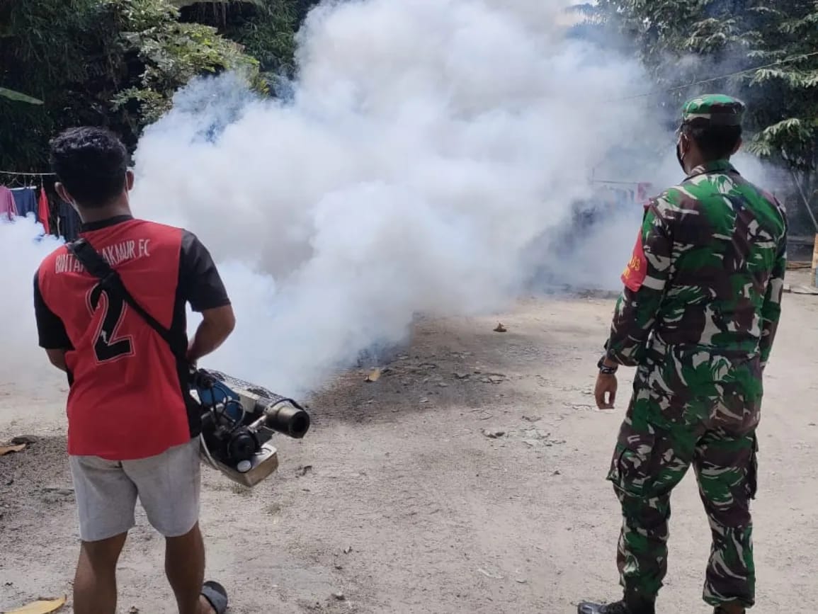 Tekan Penyebaran DBD, Babinsa Kohil Dampingi Dinkes Fogging Rumah Warga