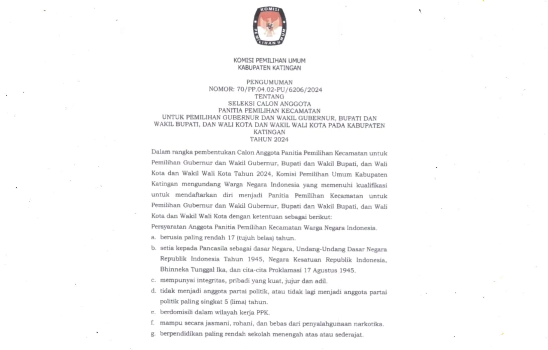 KPU Katingan Umumkan Persyaratan Seleksi Calon Anggota PPK untuk Pilkada Mendatang