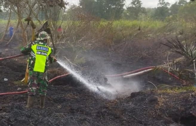 Aksi Cepat Babinsa dan Bhabinkamtibmas Sei Tendang, Tanggap  Padamkan Kebakaran Lahan 