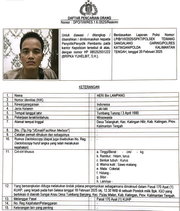 Kasus Pengeroyokan, Polres Katingan Resmi Terbitkan DPO untuk Heri